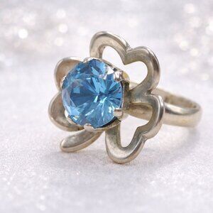 Aquamarine 3 CT Round Cut Flower Ring 925 Sterling Silver Mexico Size 5
